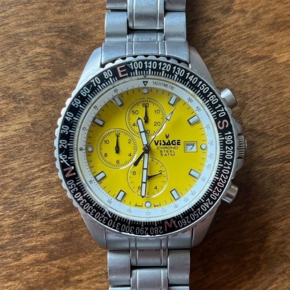 Visage Men's Chrono 5 ATM Watch 01893. Yellow Dial with Stainless Steel Bracelet - Picture 2 of 8